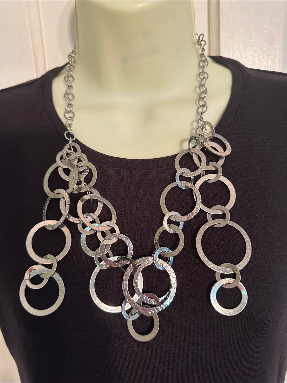 Silver Tone Interlocking Multi-Ring Statement Necklace